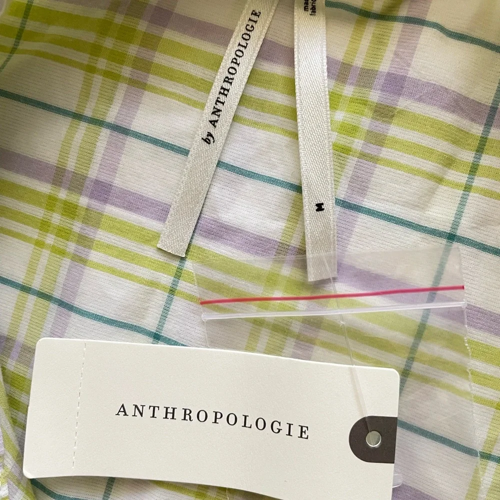 Anthropologie women white plaid short sleeve button front pajamas top